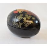 A Japanese lacquer egg shaped box, decorated chickens, 20 cm wide and an Indian brass bowl on