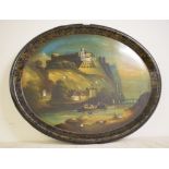 A William Betteridge style papier mache tray, painted a landscape and with mother of pearl inlay, 79