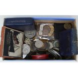 A Lusitania medallion, boxed, other medallions and assorted coins