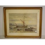 M A Trude (?), a coastal town scene with boats in the foreground, watercolour, signed and dated