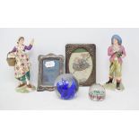 A silver strut photograph frame, Birmingham 1923, 12 cm high, a pair of Crown Derby figures, some