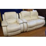 A leather upholstered two seater recliner settee, and a matching armchair (2)