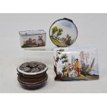 An enamel box and cover, decorated a landscape with a figure to the foreground, 5 cm diameter, an