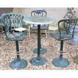 A high garden table, on a downswept metal base, 69 cm diameter and three matching chairs (4)