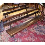 A pair of late Victorian/Edwardian pine benches, on metal supports, 170 cm wide (2)