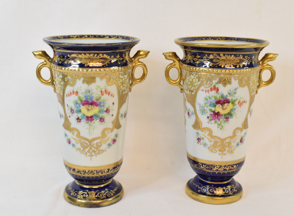 A pair of Noritake vases, with gilt and floral decoration, 20 cm high (2) Report by NG Some