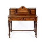 A Victorian inlaid burr walnut writing desk, having a superstructure, two frieze drawers and