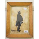 A silhouette, of a portly gentleman holding a riding whip and his top hat, Hubard Gallery stamp,