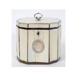 A late 18th century decagonal tea caddy, veneered in ivory, 11 cm wide See illustration Report by RB
