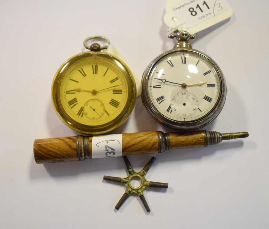 A silver pair cased pocket watch, Robert Stroud, another pocket watch and a collapsible fountain pen