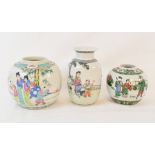 A Chinese porcelain Republican vase, decorated figures, 14 cm high, and two jars (3)