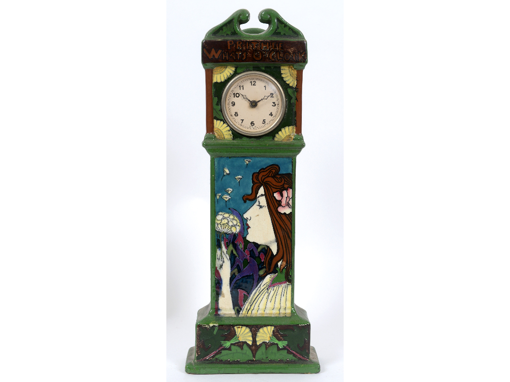 A Wileman & Co The Foley Intarsio pottery longcase clock, Prithee Watts O'Clock, designed by