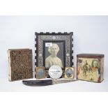 An Indian Vizagapatam photograph frame, 21 cm wide, photograph albums and other items (box)