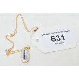 A 9ct gold, sapphire and diamond pendant, on a 9ct gold chain report by NG Modern