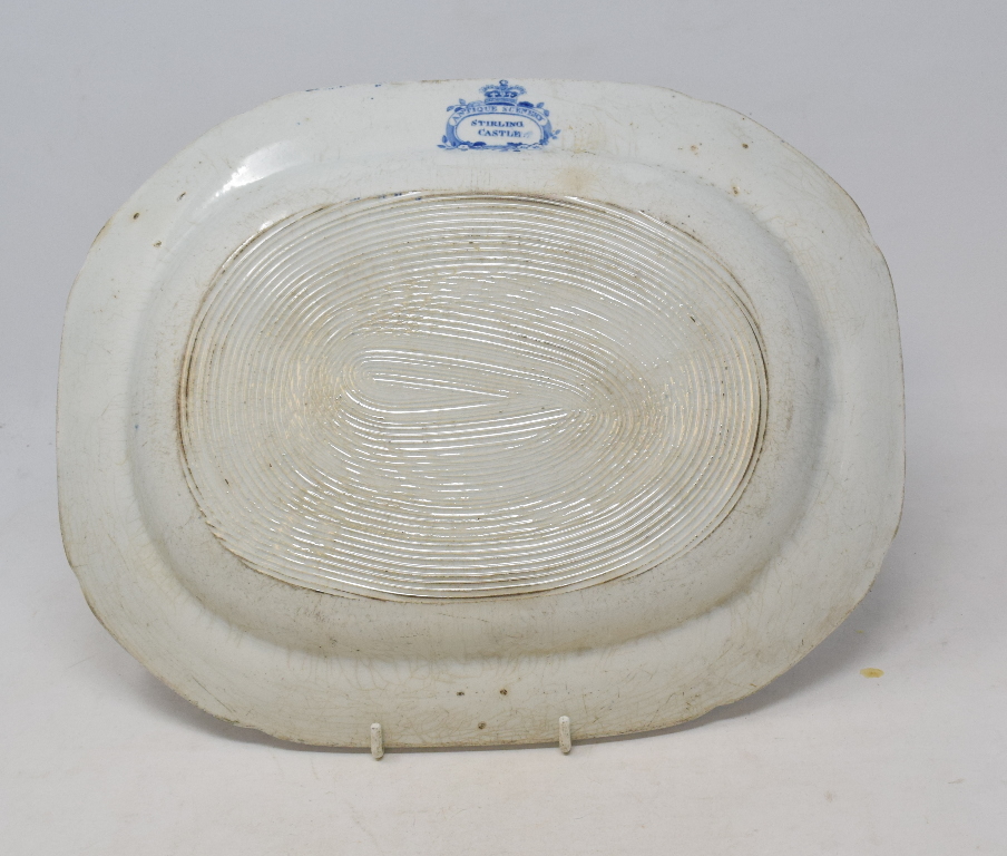 A 19th century blue and white pottery plate, transfer printed Stirling Castle, 34 cm wide, and two - Image 3 of 5