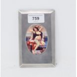 A silver cigarette case, later applied an erotic plaque, 14 cm wide