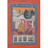 An Indian Sirohi gouache picture, a figure with attendants, by a palace with a peacock on the