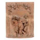 Lacour, a terracotta panel decorated in high relief two fauns escorting a Bacchus, slight damage,