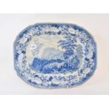 A 19th century blue and white pottery plate, transfer printed Stirling Castle, 34 cm wide, and two