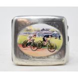 A silver cigarette case, later applied a plaque decorated cyclists racing Report by RB Modern
