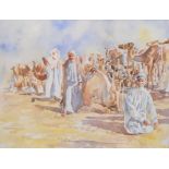 Persian school, late 20th century, camels and other figures resting, watercolour, indistinctly