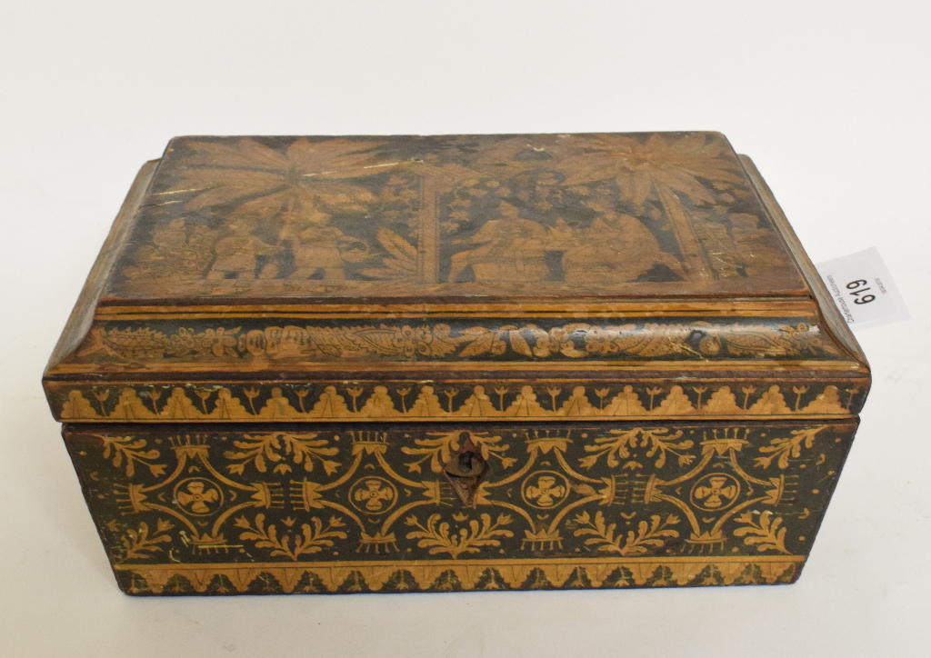 A Regency penwork box, with chinoiserie style decoration, 24.5 cm wide report by RB Rubbed, some