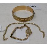 A 9ct gold bracelet, approx. 3.7 g, a lady's 9ct gold wristwatch, and a gold plated bracelet (3)