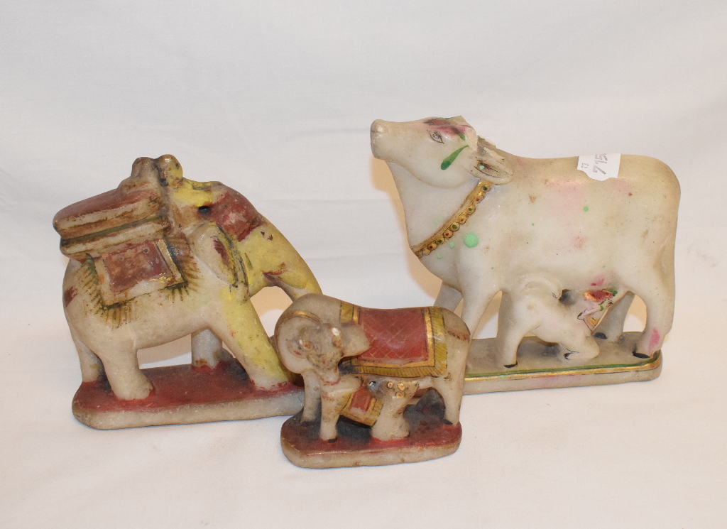 A pair of Indian carved marble and painted elephants, 13 cm high, and other similar marble and - Image 2 of 3