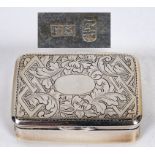 An early 20th century Chinese export silver coloured metal snuff box, engraved flowers and