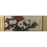 Zhang Shaoshi, peonies and bees, watercolour, with Chinese script, 50 x 125 cm, framed with