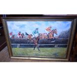 Gabrielle Gorna, a racing scene with horses jumping a fence, oil on canvas, signed and dated '85, 59