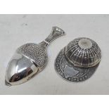 A novelty silver jockey cap caddy spoon, and another, in the form of an acorn (2) Modern