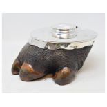 A hippopotamus foot inkwell, with silver mounts, London 1914, 11 cm high