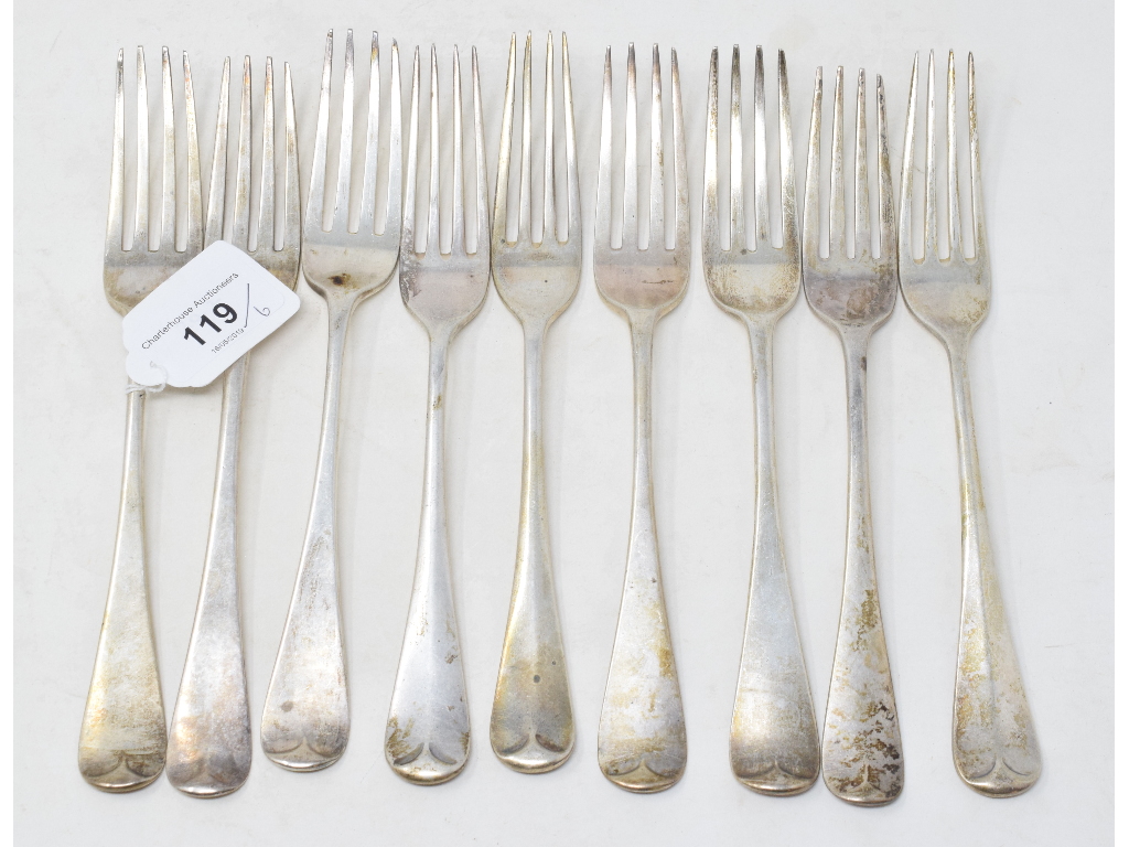 Nine Old English pattern table forks, various dates and makers, approx. 20.2 ozt