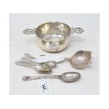 A silver two handled bowl, monogrammed, London 1896, a set of eight silver teaspoons, another spoon,