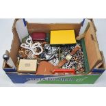 Assorted costume jewellery, a gentleman's stainless steel wristwatch, and other watches (box)