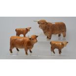A Beswick Highland Bull, 2008, a Highland Cow, 1760, and two Highland Calves, 1827D, all gloss (4)