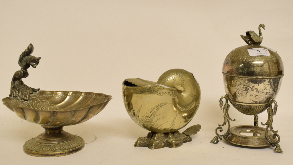 A Victorian plated spoon warmer, in the form of a shell, an egg coddler, a biscuiteer, a pedestal - Image 3 of 6