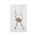 An Art Nouveau style 9ct gold necklace, set peridots, amethyst and seed pearls Report by NG Modern