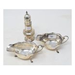 A pair of silver sauce boats, Aspreys, Birmingham 1926, and a silver sugar caster, approx. 9.5