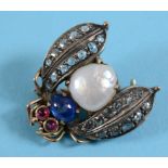 A bug brooch, with ruby eyes, sapphire and baroque pearl body, with diamond set wings See front