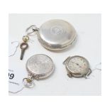 A silver hunter pocket watch, a silver open face fob watch, and a trench style wristwatch (3)