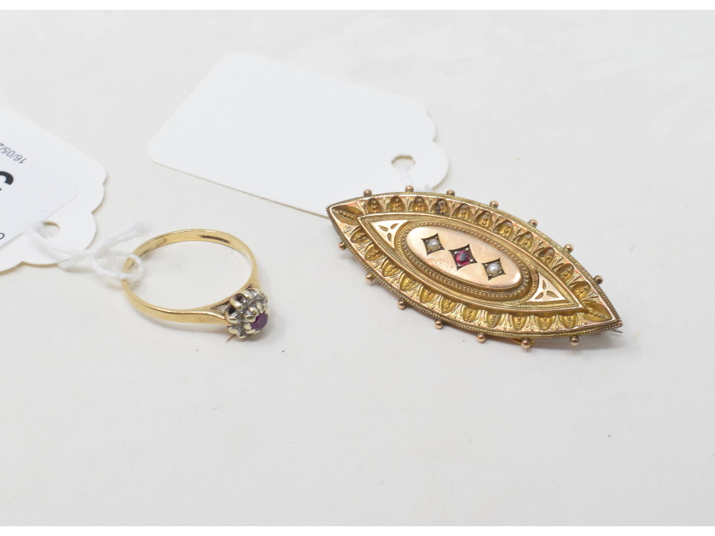 A 9ct gold, and ruby dress ring, approx. ring size Q, and a 9ct gold, ruby and pearl brooch (2)