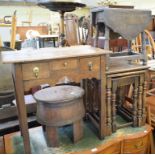 An oak lowboy, 68 cm wide, a nest of tables, a drop leaf table and a stool, made from a barrel (4)