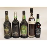 Three bottles of various port, and two others, various conditions (5)