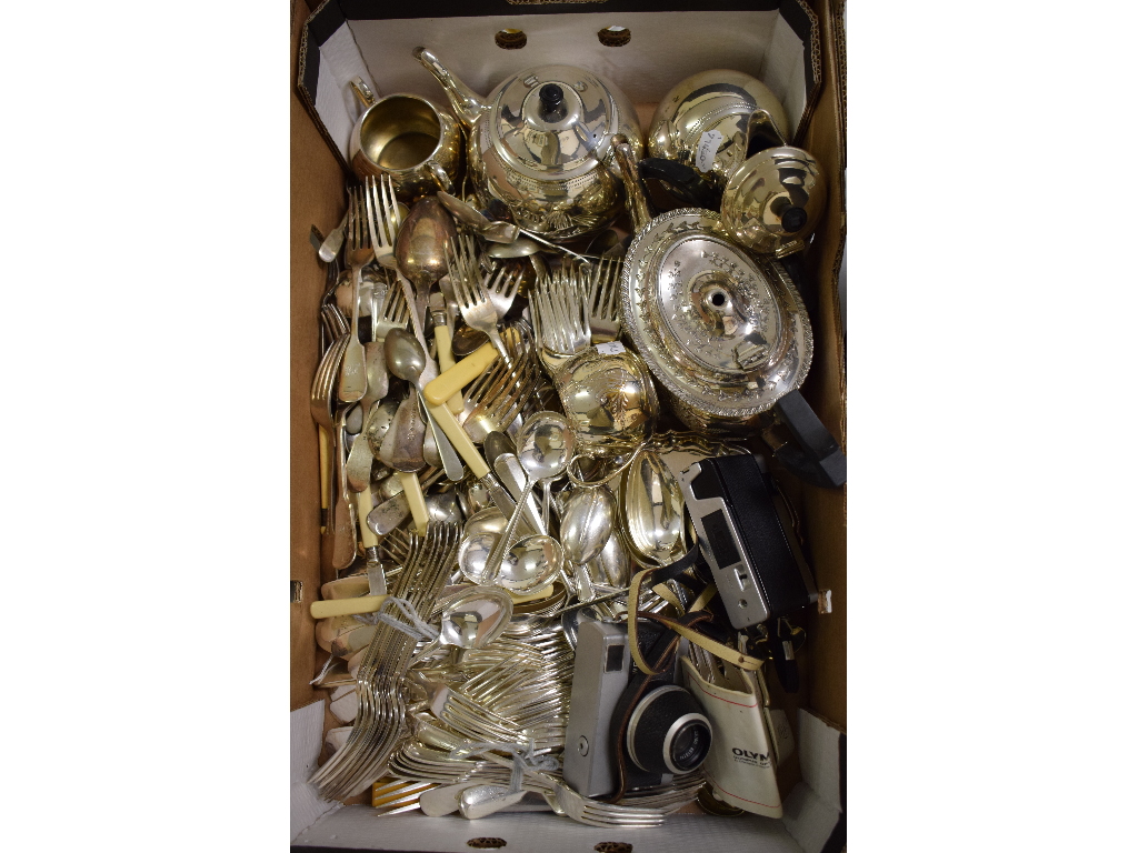 A silver plated four piece tea service, a canteen of cutlery, other silver plate, an Olympus 35ED