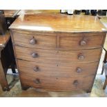 A Victorian mahogany bow front chest, of two short and three long drawers, on bracket feet, 105 cm