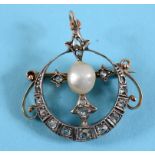 A yellow coloured metal, pearl and diamond pendant/brooch See illustration Report by NG It is