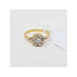 A diamond flowerhead ring, set rose cut stones, yellow coloured metal mount, approx. ring size NÂ½