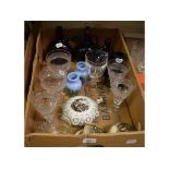 A pair of cut glass rummers, three matching wine glasses, other glass, two pottery pot lids, and